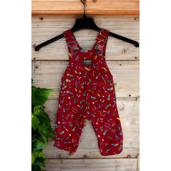 Vintage OshKosh B'Gosh Bib Overalls Red Corduroy Toolbox Tools USA Made 18 Month